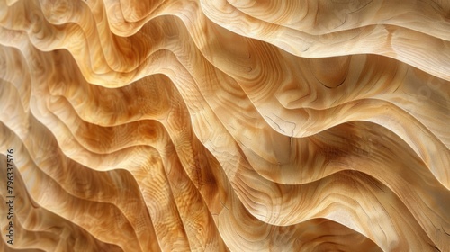 Carved wooden texture in wave patterns. Close-up photo of wood carving. photo