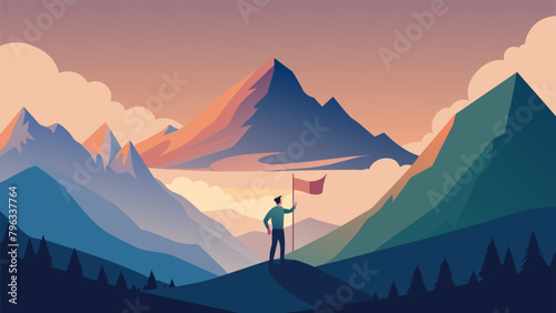 An illustration of a mountain landscape with a person on top holding a banner that reads Nature Recharge representing the idea of finding energy © Justlight