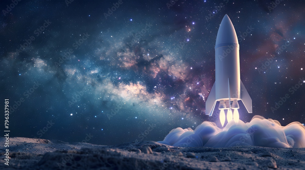 Fototapeta premium Space rocket takes off into space on a mission. Rocket concept taking off from the moon, starting to enter space to return to Earth.