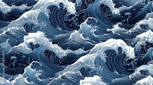 seamless pattern of ocean waves in the style of traditional Japanese art