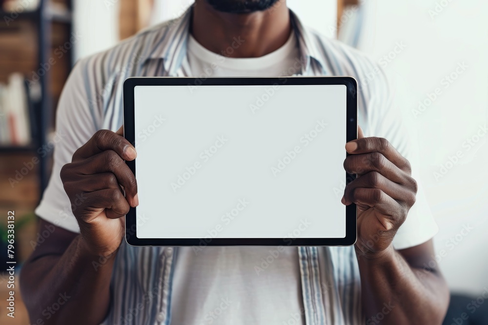 Device screen afro-american man in his 40s holding a tablet with a fully white screen Device screen afro-american man in his 40s holding a tablet with a fully white screen