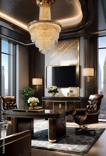 illustration, luxurious wealth management office elegant interior design sophisticated business atmosphere, desk, chair, laptop, modern