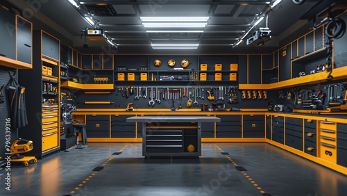 Tool Organization Goals: Black and Yellow Tools Adorn Pristine Garage, Gleaming Workbench and Organized Tools in Garage photo