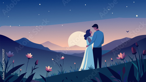 A couple embraces in a secluded meadow surrounded by wildflowers and immersed in the serenity of the starlit sky above them. photo