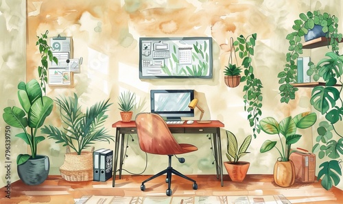 Home office with plants, computer desk, watercolor drawing, warm colors