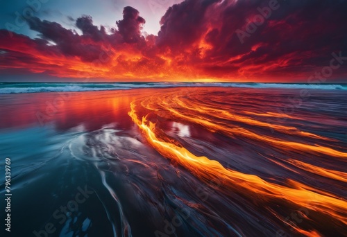 illustration, exploring dynamic contrast fiery flames calming waters surreal artistic composition, Exploring, Dynamic, Contrast, Fiery, Flames, Calming, Waters