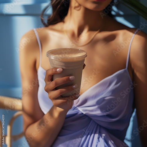 attractive woman drinking ice coffee with sundress