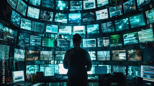 From behind a wall of monitors the Code Whisperer harnesses the power of code expertly directing it to create stunning digital masterpieces. . photo