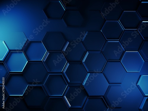 Navy Blue hexagons pattern on navy blue background. Genetic research, molecular structure. Chemical engineering. Concept of innovation technology. Used for design healthcare, science and medicine back