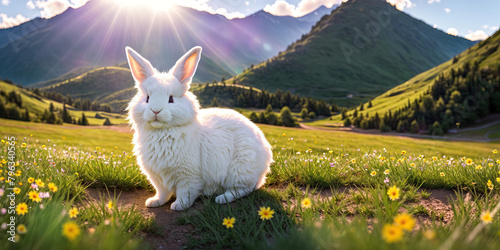 Fluffy cute rabbit in the foreground.Mountain spring alpine landscape.Flower fields. Rabbit in green grass.Panorama of grassy meadows.