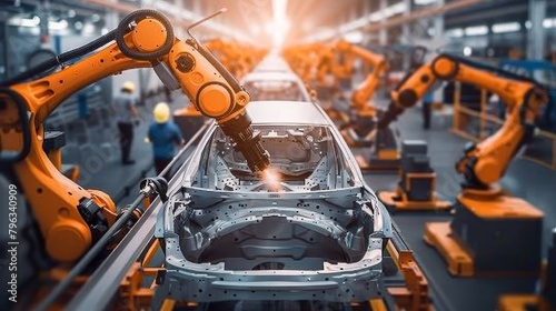 Robotic arms assemble a car on a factory line with a worker overseeing the process. Created with Generative AI