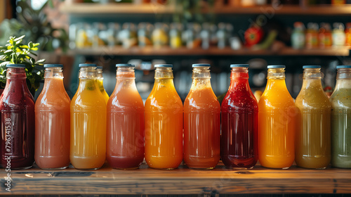 Colorful rows of fruits juice bottles. photo