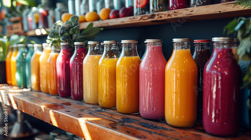 Fototapeta Naklejka Na Ścianę i Meble -  Colorful rows of fruits juice bottles.