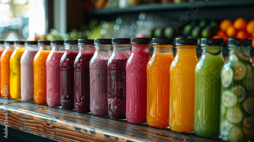 Fototapeta Naklejka Na Ścianę i Meble -  Colorful rows of fruits juice bottles.