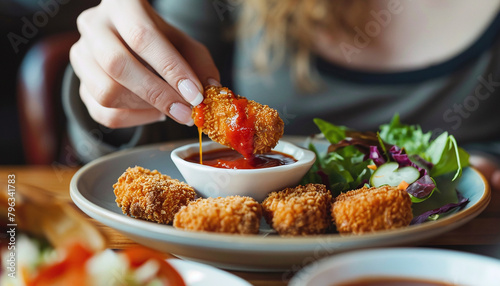 Woman dipping a tasty nugget into sauce on the table