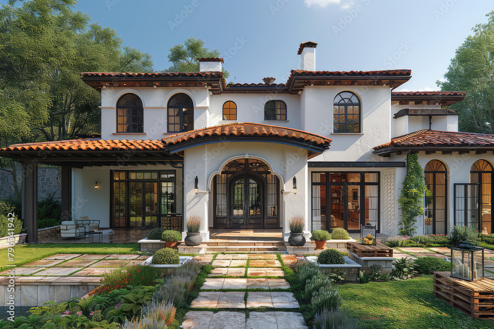 Create an architectural rendering of spanish colonial style home with arched windows and patio. Created with Ai