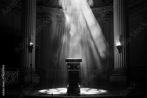 Veiled in shadows, a lone podium is illuminated by the artful arrangement of lights, creating an atmosphere brimming with intrigue and fascination.