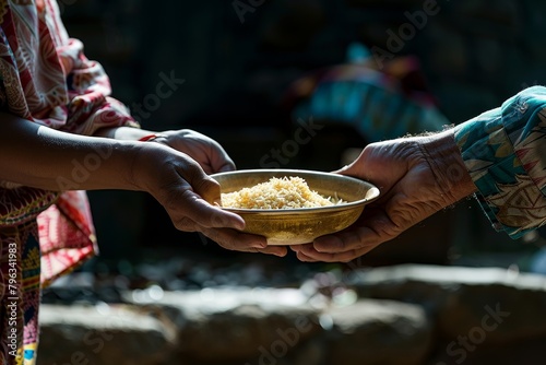 A starving person is holding a bowl of food photo