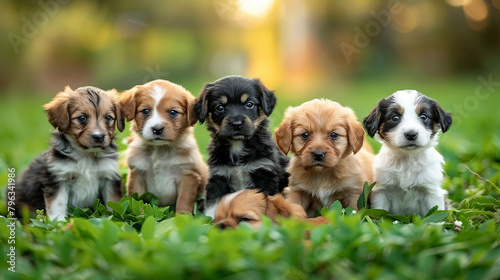 Group of Puppies Sitting on Lush Green Field