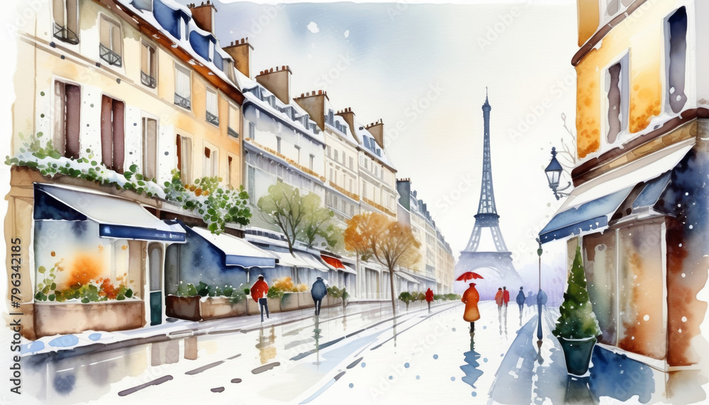 Fototapeta premium Watercolor illustration of a snowy Parisian street near the Eiffel Tower in winter, ideal for Christmas or travel-related themes