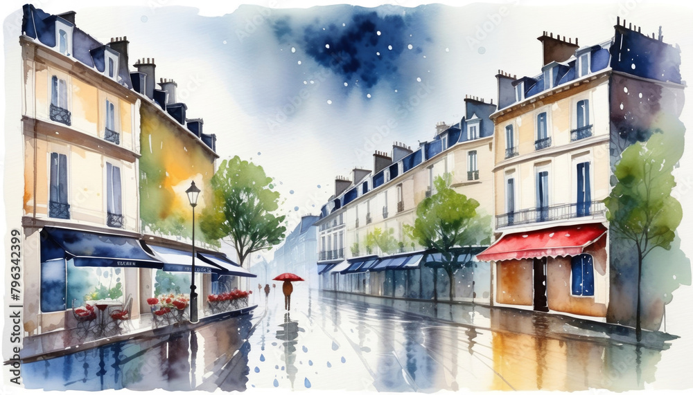 Watercolor illustration of a person with a red umbrella walking down a rainy Parisian street lined with classic buildings, reflecting the romantic ambiance of April in Paris