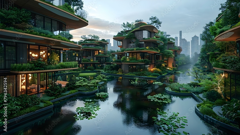 Creating a Sustainable Future City with Eco-Friendly Technology, Vertical Gardens, and Clean Water. Concept Eco-Friendly Technology, Sustainable City, Vertical Gardens, Clean Water, Future Planning