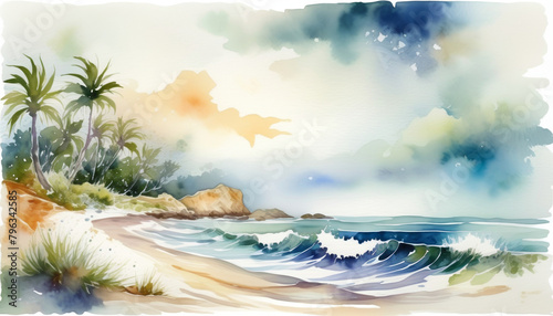 Watercolor tropical beach scene with vibrant waves and palm trees, ideal for summer vacation and travel themes