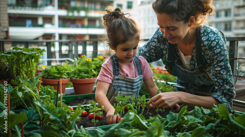 Wallpaper Mural Mother and daughter on green rooftop garden. Sustainable urban agriculture. Sustainable living and nurturing plant life within an eco-conscious lifestyle. Generative ai Torontodigital.ca