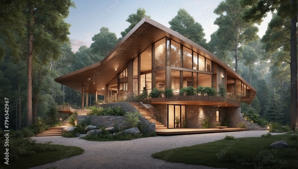 Modern, wooden house nestled in a forest. Large windows, stonework, and a tiered design. Modern, wooden house nestled in a forest. Large windows, stonework, and a tiered design.