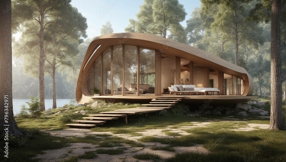 A curved, light-brown wooden house sits nestled in a forest near a body of water. Wooden steps lead up to the house. A curved, light-brown wooden house sits nestled in a forest near a body of water. Wooden steps lead up to the house.