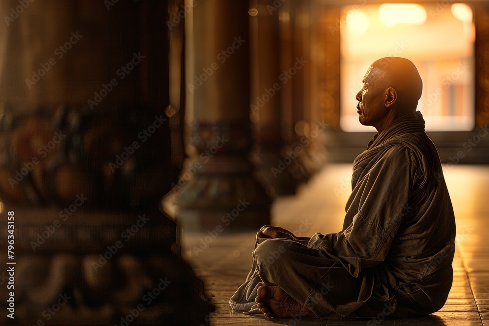 A monk in a robe is sitting in holy places A monk in a robe is sitting in holy places
