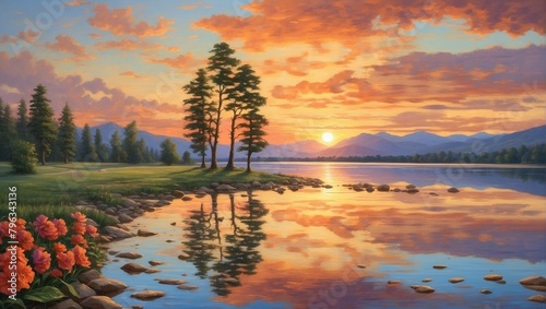 A painting of a sunset over a lake.