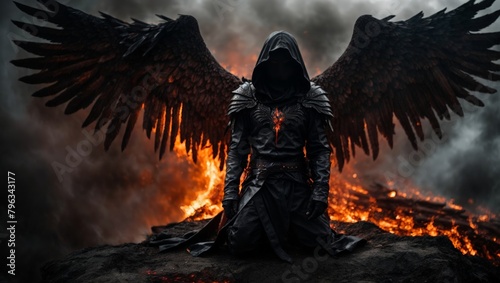 A faceless angel, bleeding and hooded, brandishes a flaming sword in the depths of death's abyss