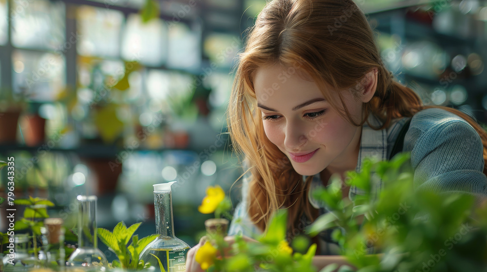 Agronomist biologist woman growing green plants in laboratory. Scientist studying plants and doing botanical research. Generative ai. Agronomist biologist woman growing green plants in laboratory. Scientist studying plants and doing botanical research. Generative ai.