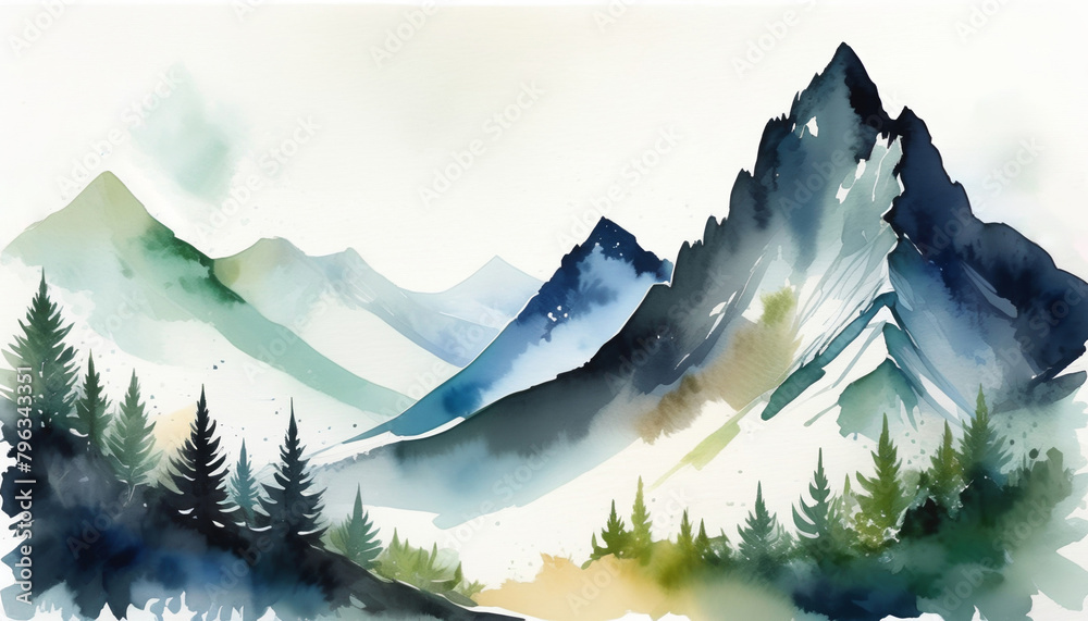 Abstract watercolor mountain landscape with evergreen trees, suitable for themes of nature, wilderness, and outdoor adventure, ideal for Earth Day and environmental awareness campaigns
