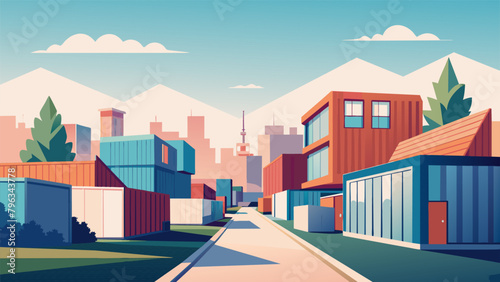 An illustration of a suburban neighborhood with houses made from recycled shipping containers showcasing the innovative and ecofriendly use of