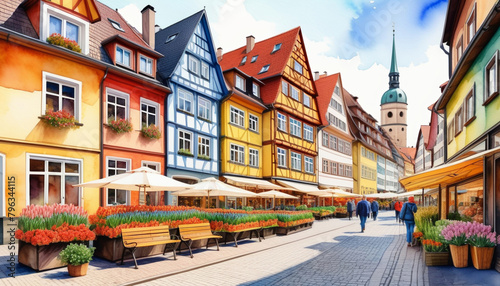 Quaint European old town street lined with colorful half-timbered buildings and sidewalk cafes, invoking concepts of tourism and cultural heritage photo