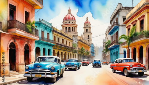 Colorful vintage cars on a sunny street in Havana with historic buildings, embodying the spirit of Cuban culture and tourism, suitable for travel and cultural themes