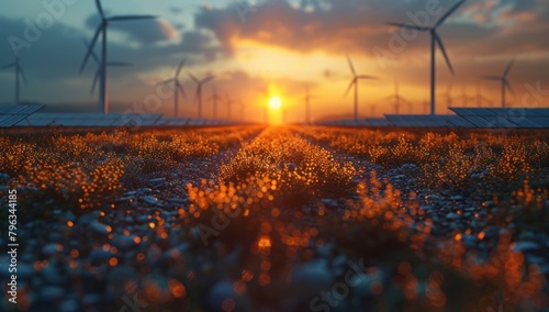 Vibrant Wind Turbine and Solar Panels at Sunset - Renewable Energy Concept