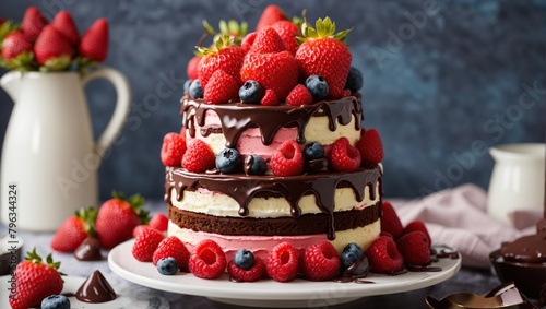 The image contains a two-tiered cake with strawberries, raspberries, and blueberries on top. The cake is covered in chocolate ganache.