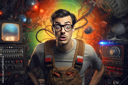 A young electronics enthusiast is testing a new device. Concept for the Geek Pride Day event, May 25