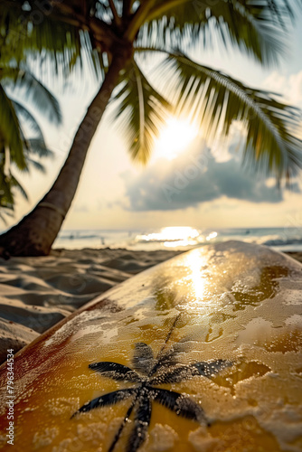 Palm tree and surfboard on the beach
