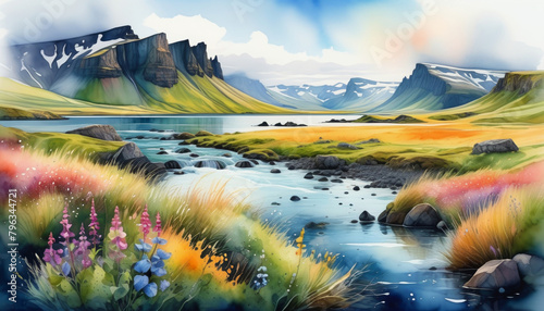 Vibrant digital painting of a serene Icelandic landscape with wildflowers and rugged mountains, ideal for travel themes and Earth Day promotions photo