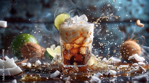 Iced sweet soda drink with non-dairy creamer. Dirty soda, diet coke, soda and cream, alcohol free mocktail, trendy cold summer cocktail. Generative ai photo