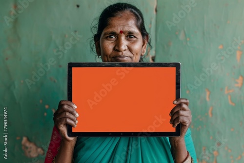 Showcase screen indian woman in her 50s holding a tablet with a completely orange screen