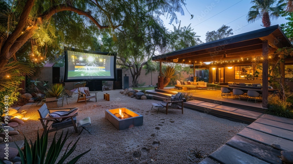 Obraz premium Cozy outdoor cinema with soft summer lighting, pillows in backyard with large fabric as screen on wall for romantic date. Movie night at summer garden concept. Generative ai