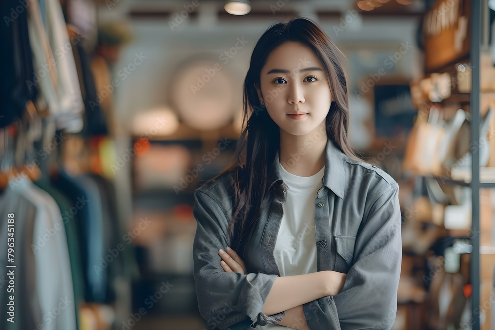 Portrait of Asian female small business owner in clothing retail store. Concept Portrait Photography, Business Owner, Female Entrepreneur, Clothing Retail, Asian Woman