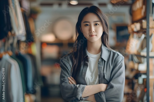 Portrait of Asian female small business owner in clothing retail store. Concept Portrait Photography, Business Owner, Female Entrepreneur, Clothing Retail, Asian Woman