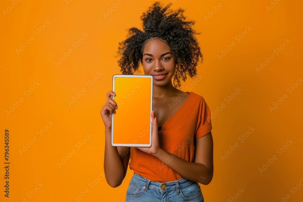 App mockup afro-american woman in her 20s holding a tablet with a fully orange screen App mockup afro-american woman in her 20s holding a tablet with a fully orange screen