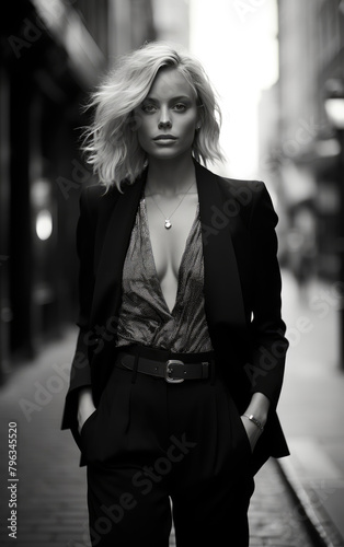 generated illustration woman suit walking down a street black and white fashion shoot